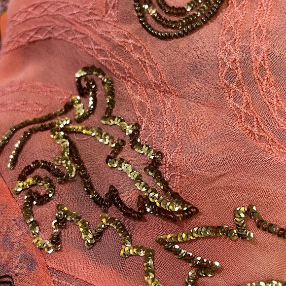 Elegant {Anthro} Beaded <Ignacia> Blouse | Sheer Pink Orange Sequin Top | Small - Picture 11 of 16